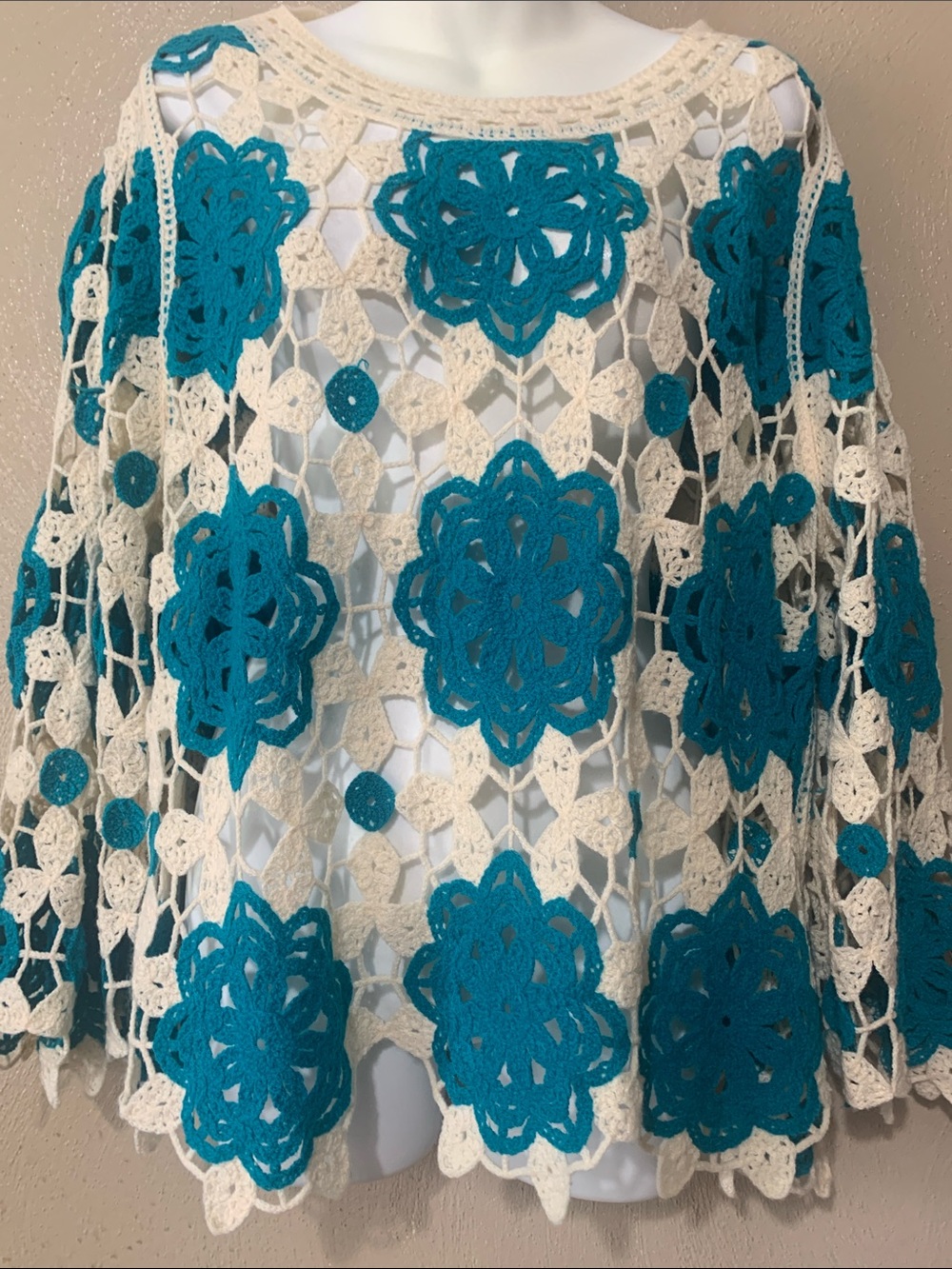 Cato Crochet Floral Openwork Tunic in Cream and Teal